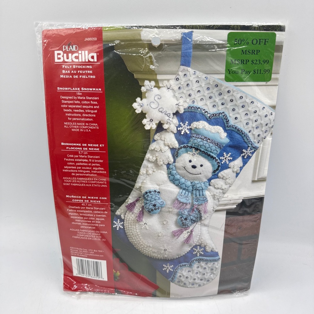 Bucilla Snowflake Snowman Felt Stocking Kit 18in Blue White 86059 DIY Craft